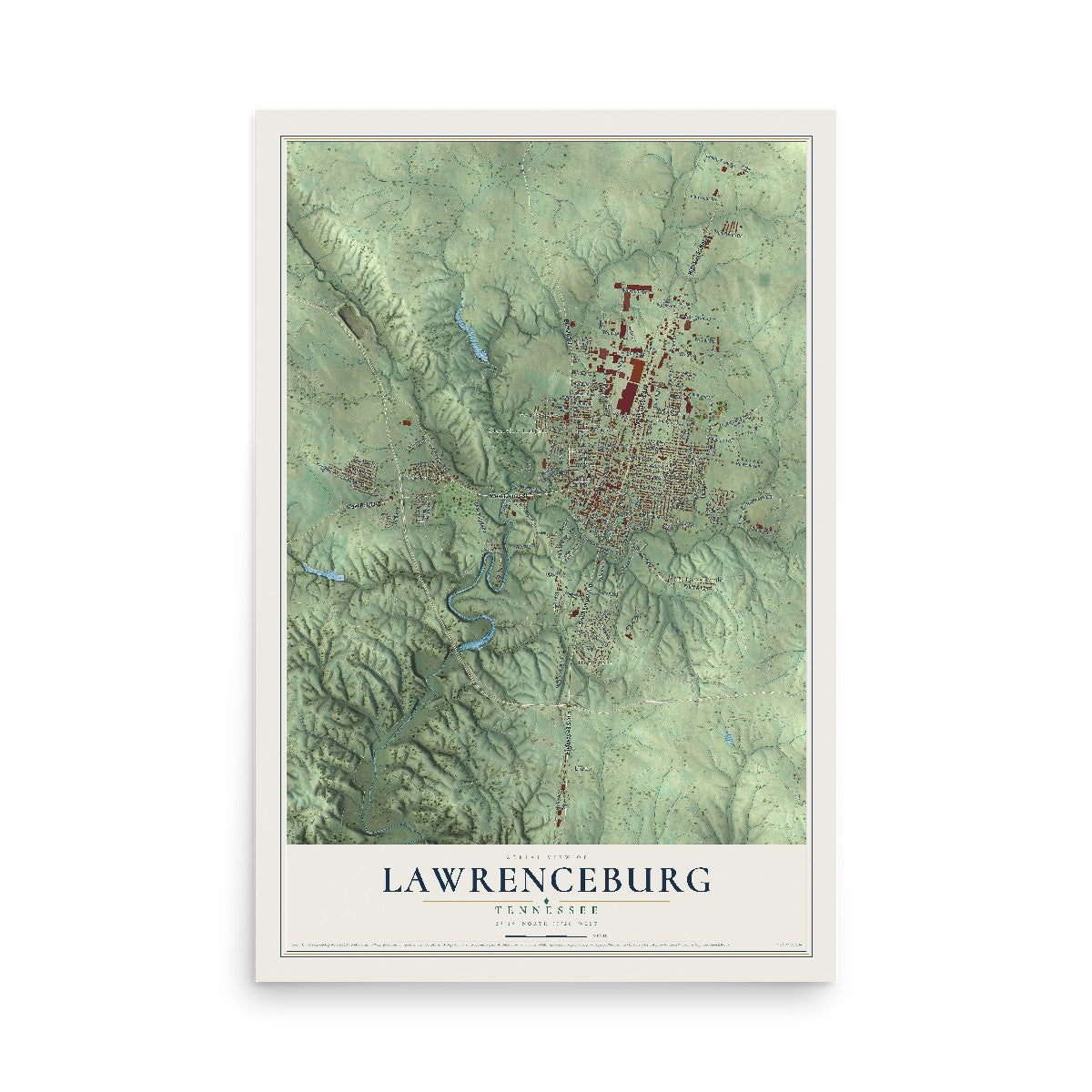 Map of Lawrenceburg, Tennessee, 12 x 18 inch unframed archival matte print