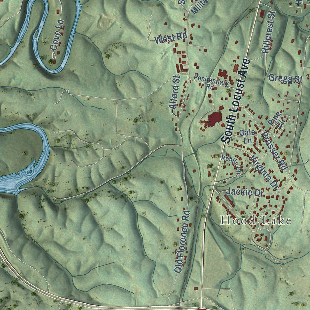 Second close-up of the map of Lawrenceburg, Tennessee print showing more streets and buildings