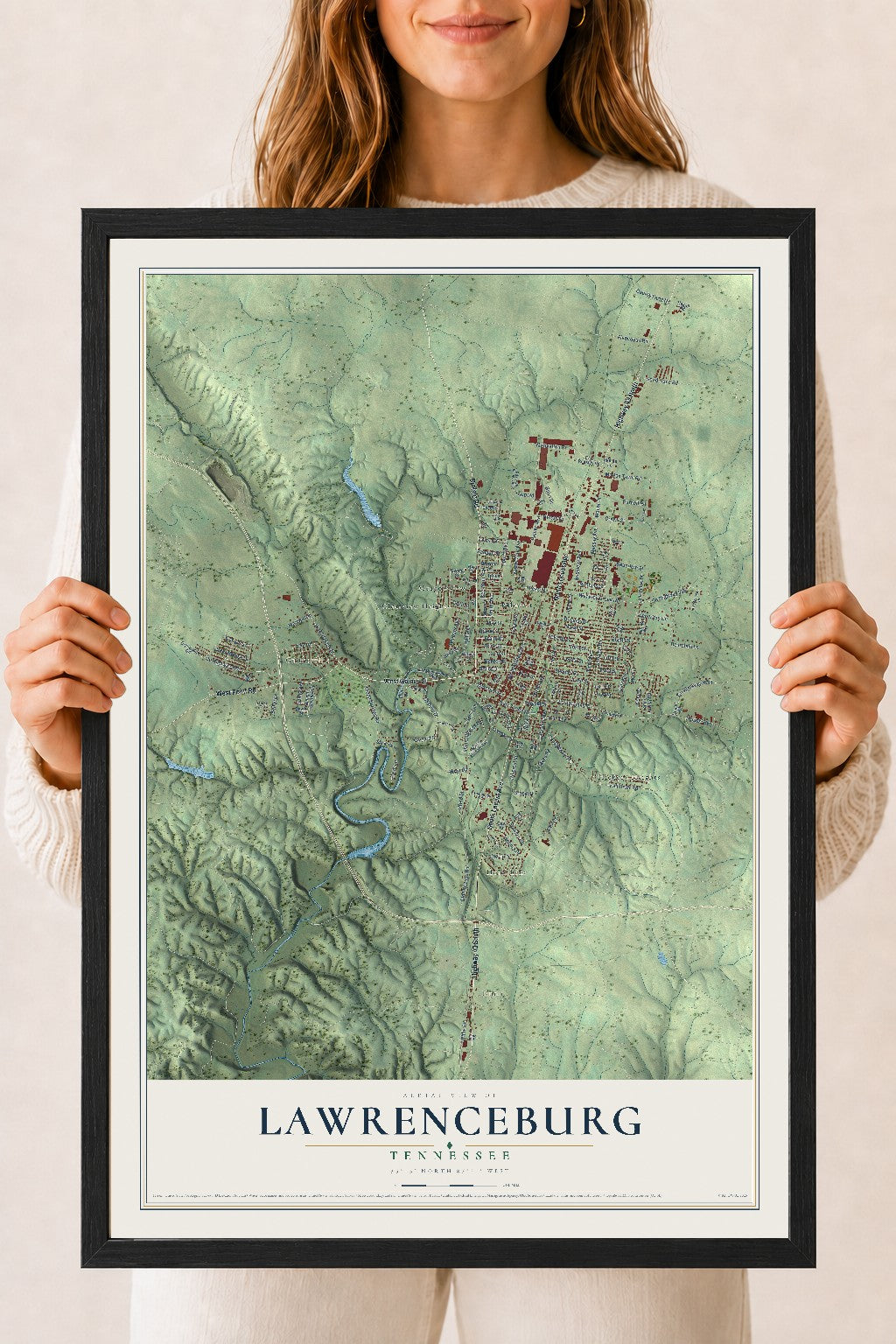 Map of Lawrenceburg, Tennessee, 18 x 24 inch print in a black wood frame