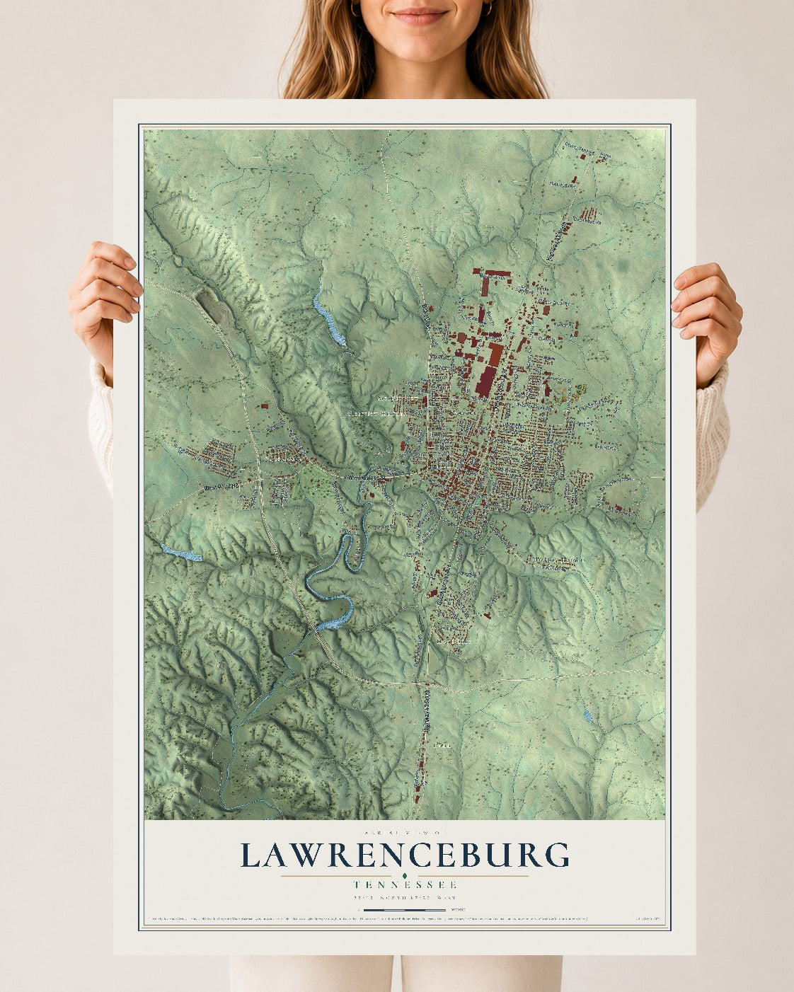 Map of Lawrenceburg, Tennessee, 24 x 36 inch unframed archival matte print
