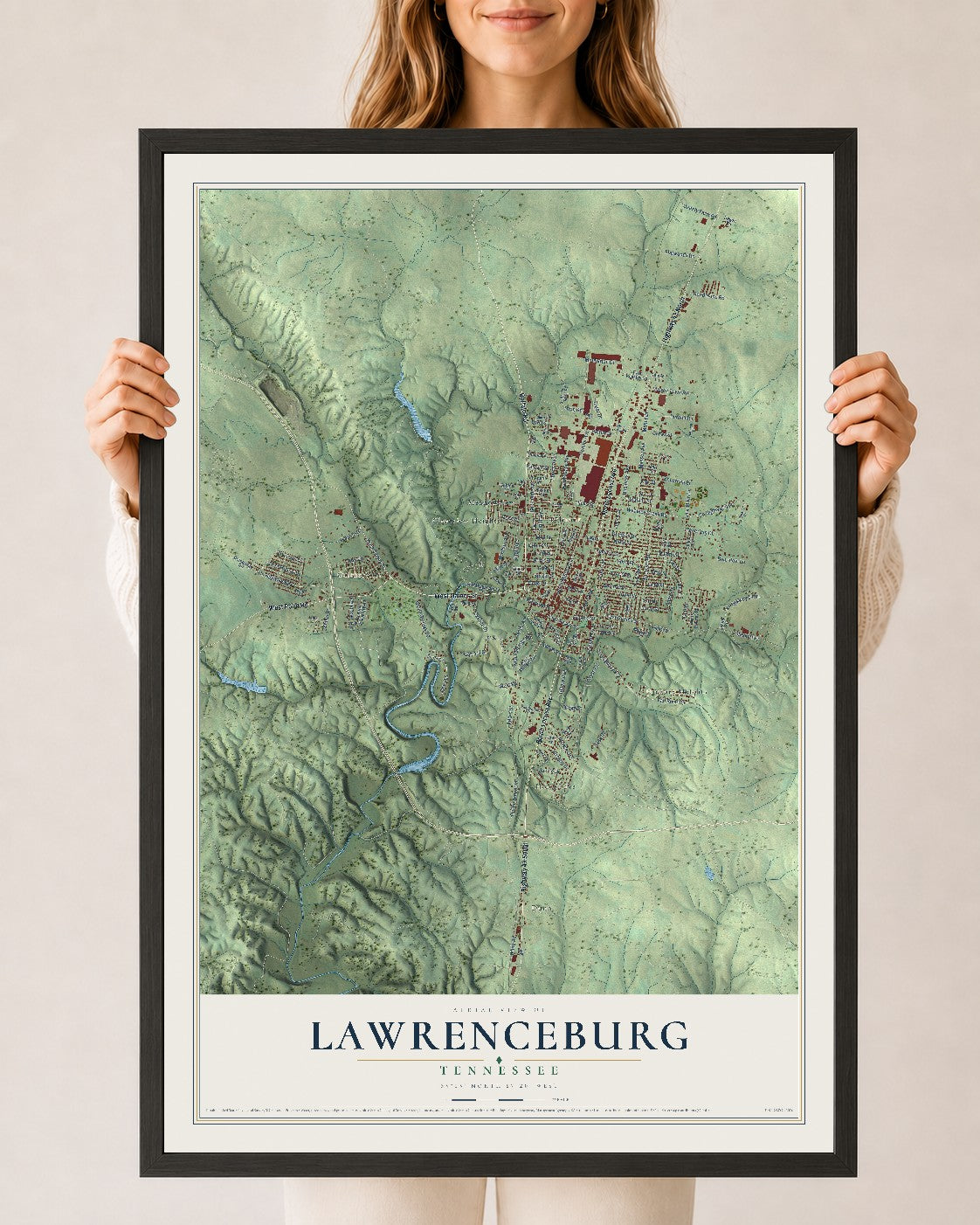 Map of Lawrenceburg, Tennessee, 24 x 36 inch print in a black wood frame