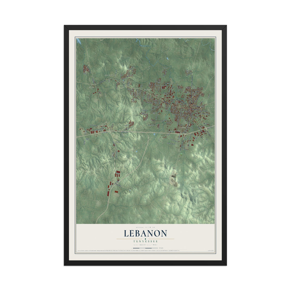 Map of Lebanon, Tennessee, 12 x 18 inch print in a black wood frame