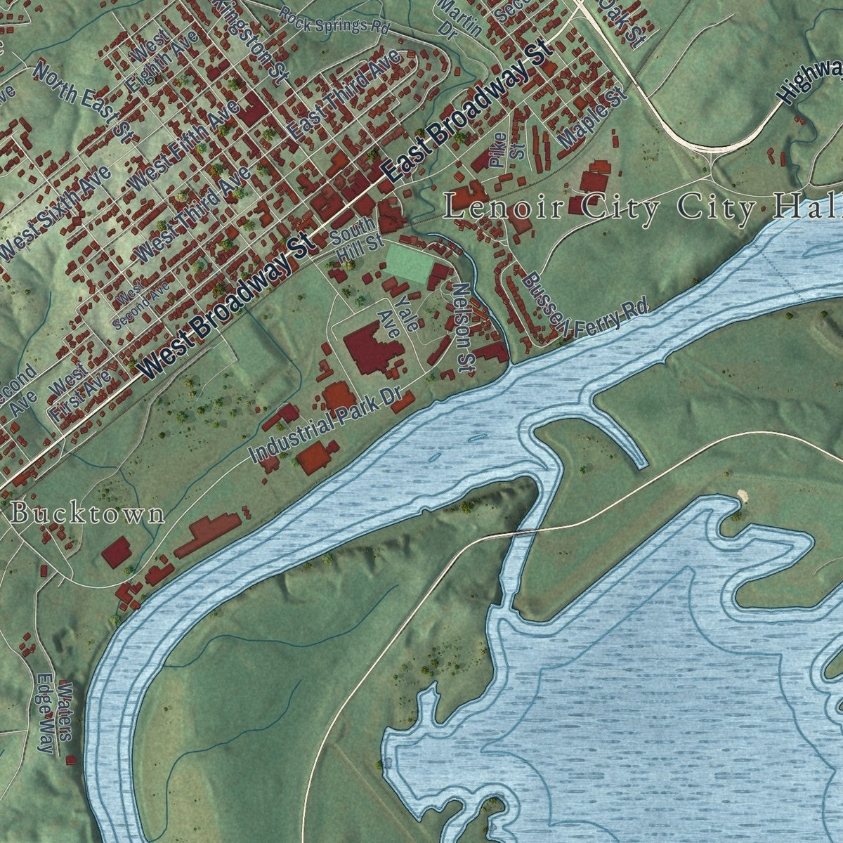 Close-up of the map of Lenoir City, Tennessee print showing street and building detail