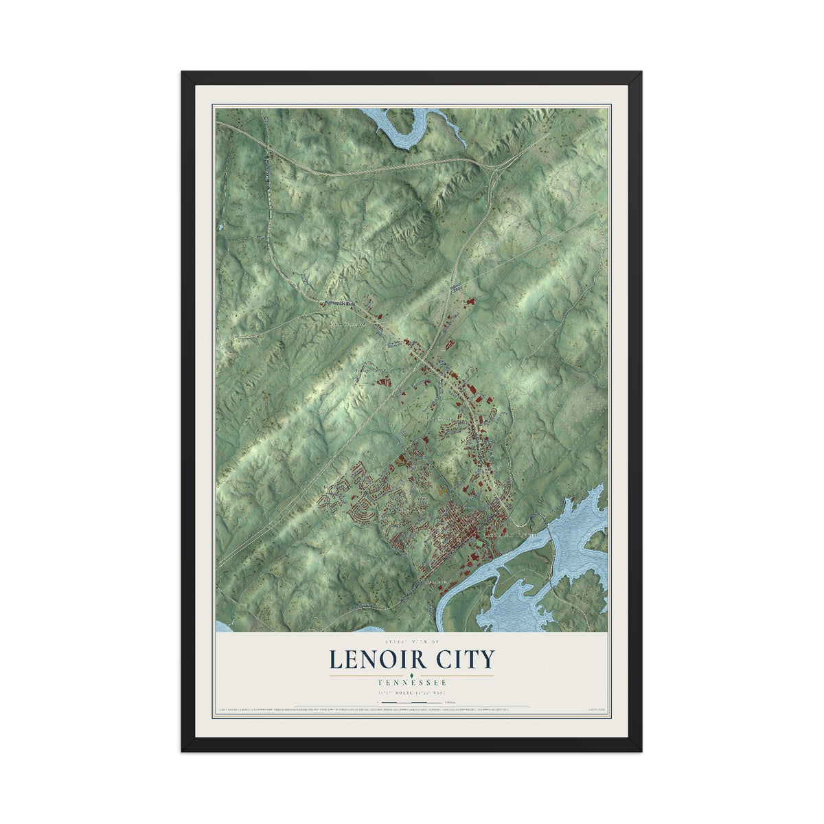 Map of Lenoir City, Tennessee, 12 x 18 inch print in a black wood frame