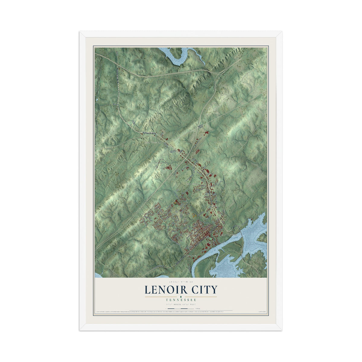 Map of Lenoir City, Tennessee, 12 x 18 inch print in a white wood frame