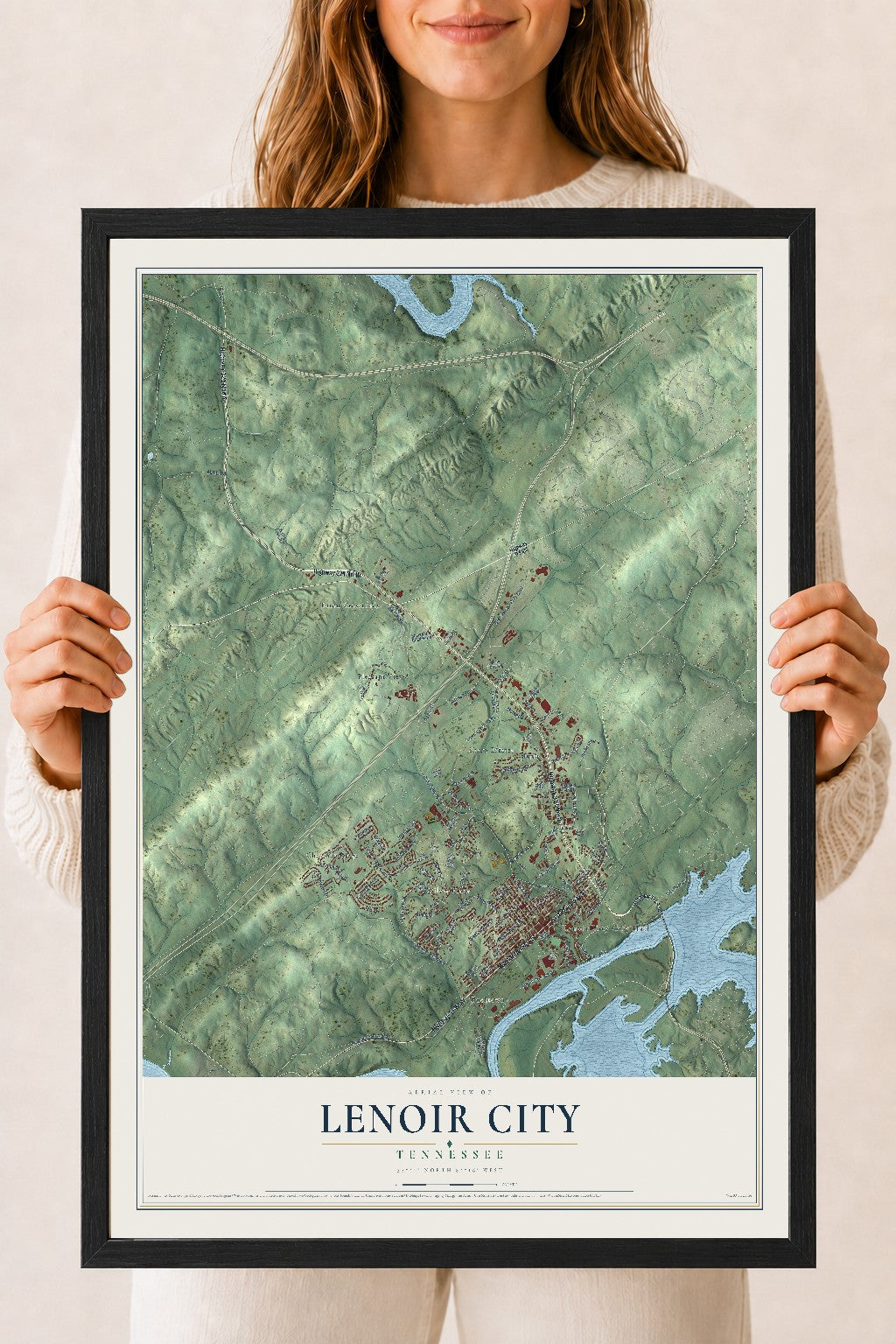 Map of Lenoir City, Tennessee, 18 x 24 inch print in a black wood frame