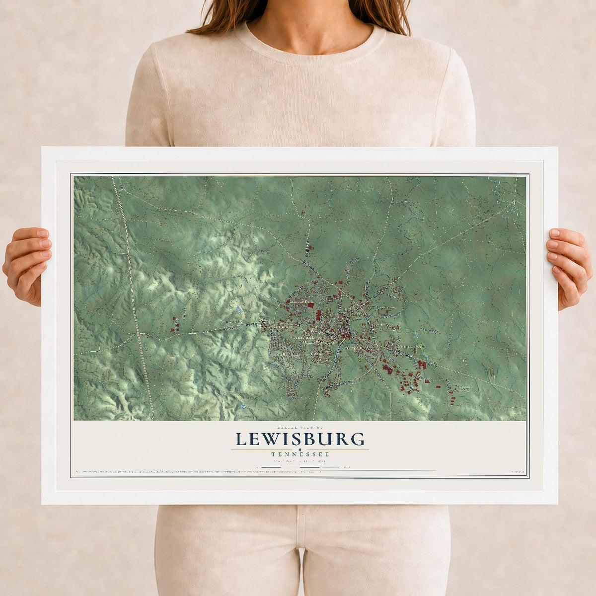 Map of Lewisburg, Tennessee, 12 x 18 inch print in a white wood frame