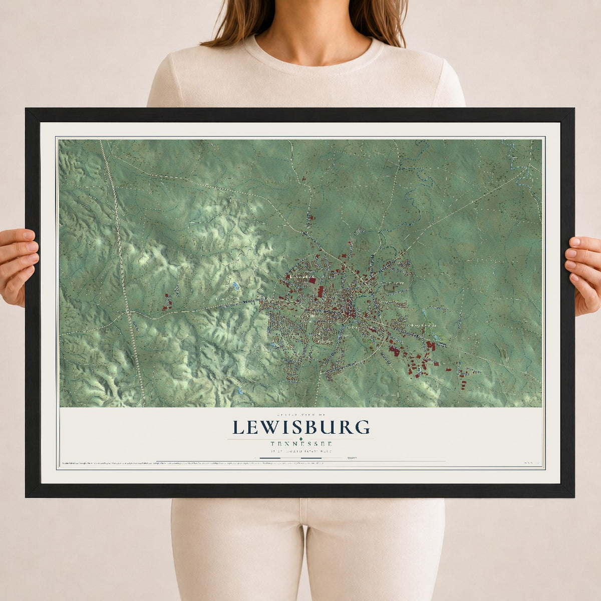 Map of Lewisburg, Tennessee, 18 x 24 inch print in a black wood frame
