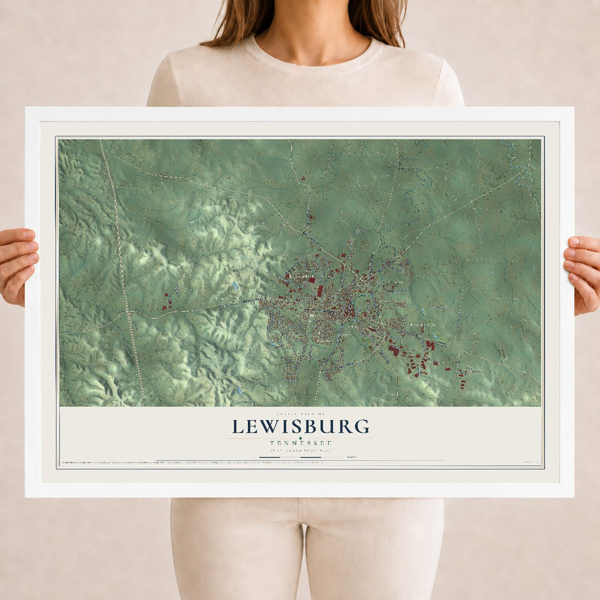Map of Lewisburg, Tennessee, 18 x 24 inch print in a white wood frame