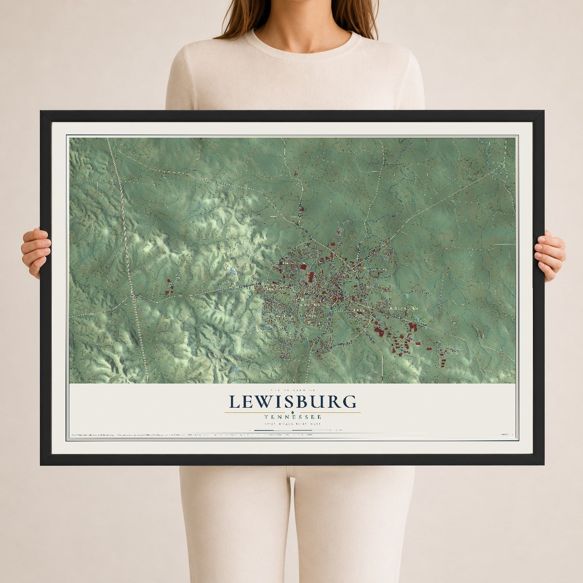 Map of Lewisburg, Tennessee, 24 x 36 inch print in a black wood frame