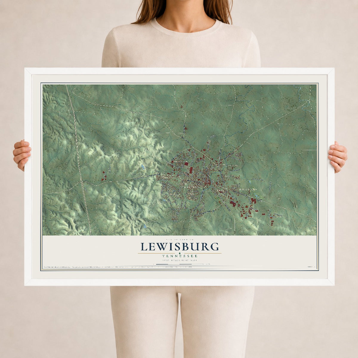 Map of Lewisburg, Tennessee, 24 x 36 inch print in a white wood frame
