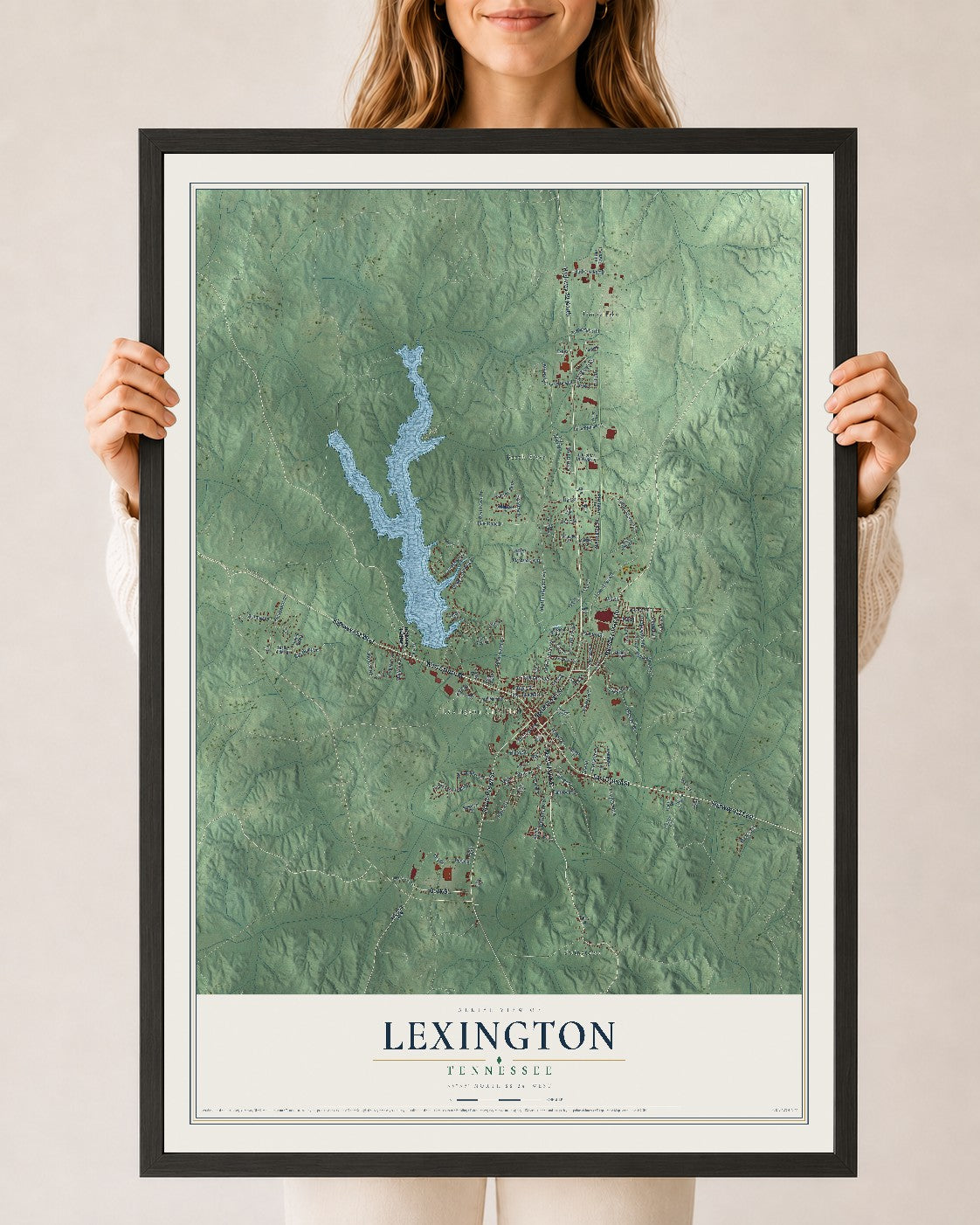 Map of Lexington, Tennessee, 24 x 36 inch print in a black wood frame