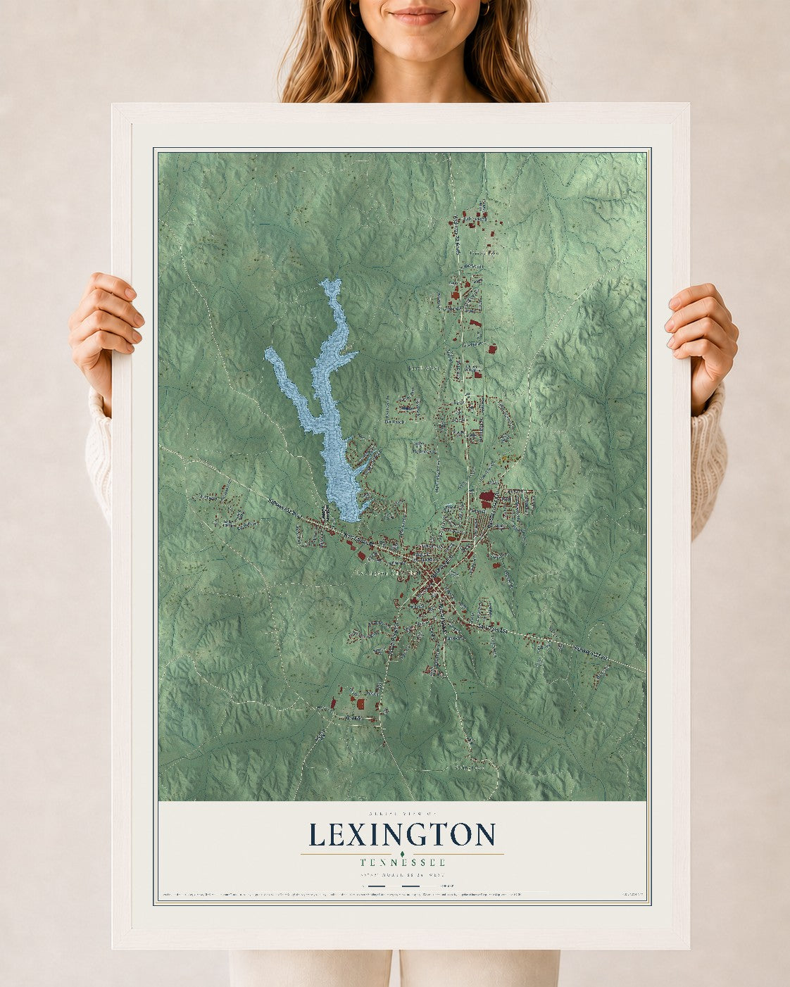 Map of Lexington, Tennessee, 24 x 36 inch print in a white wood frame