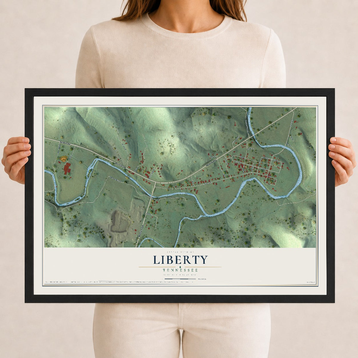 Map of Liberty, Tennessee, 12 x 18 inch print in a black wood frame