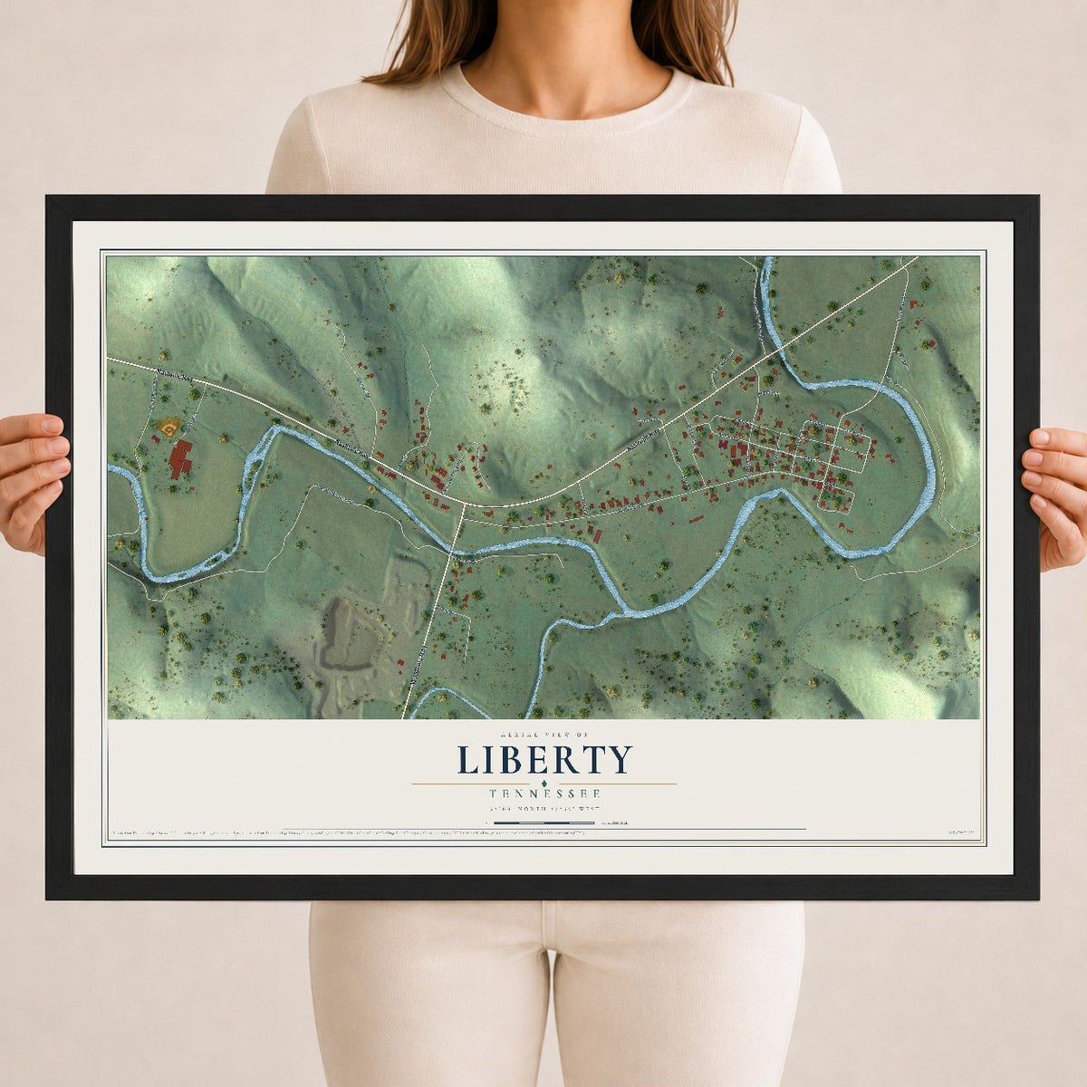 Map of Liberty, Tennessee, 18 x 24 inch print in a black wood frame