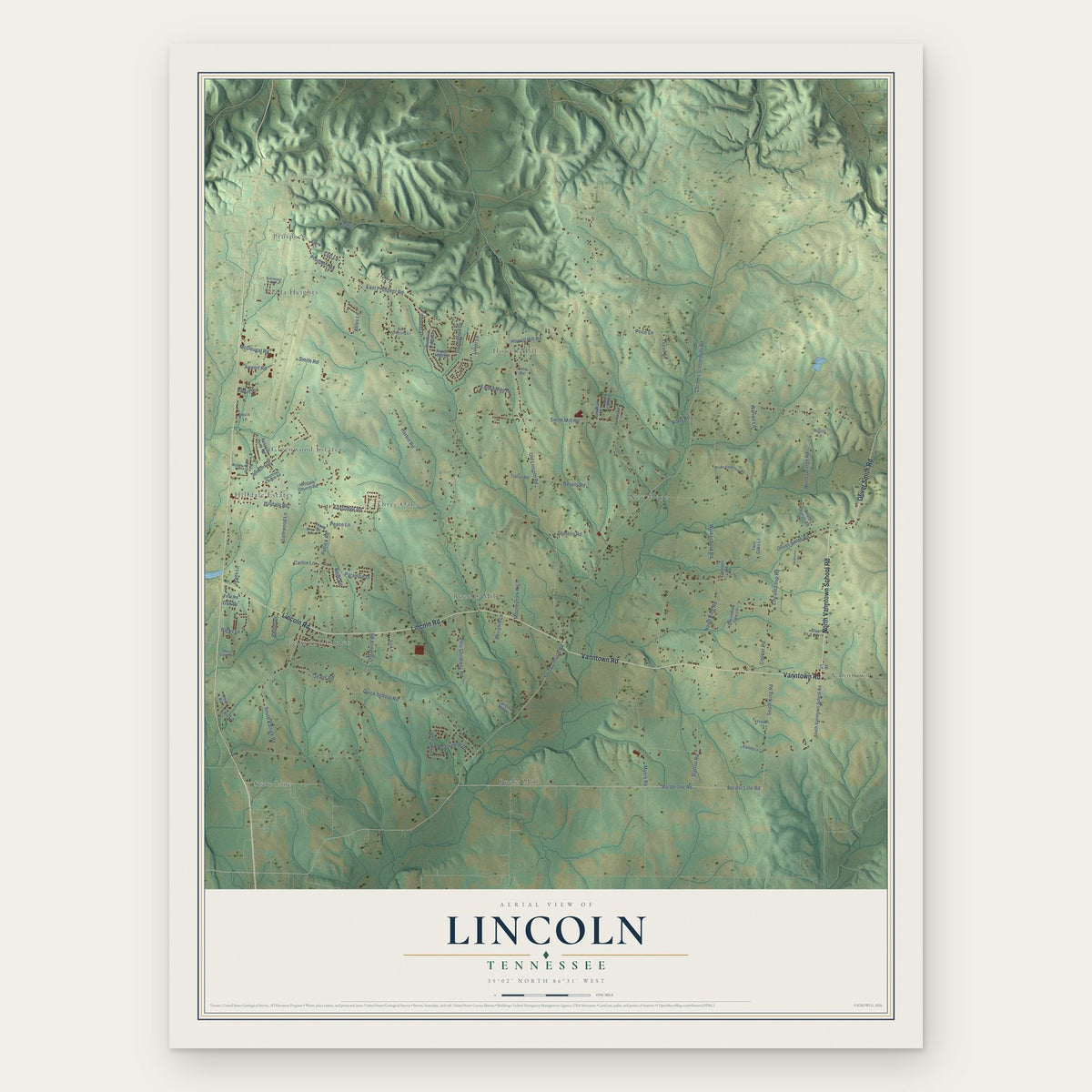 Lincoln, Tennessee map print, the full design