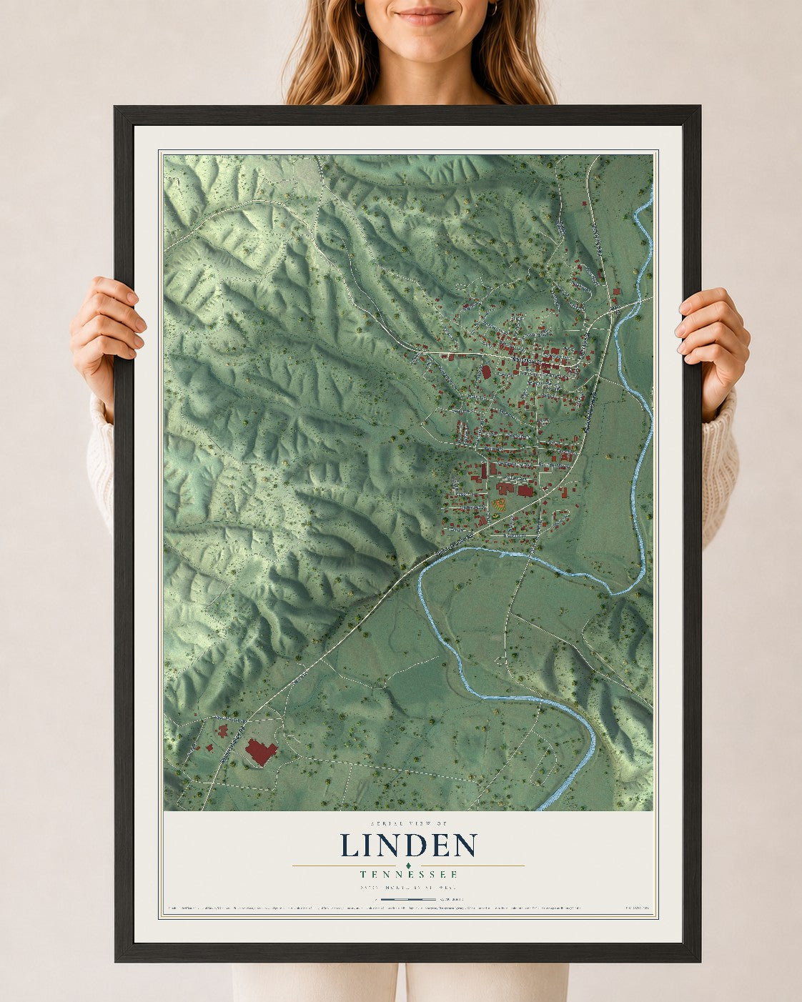 Map of Linden, Tennessee, 24 x 36 inch print in a black wood frame