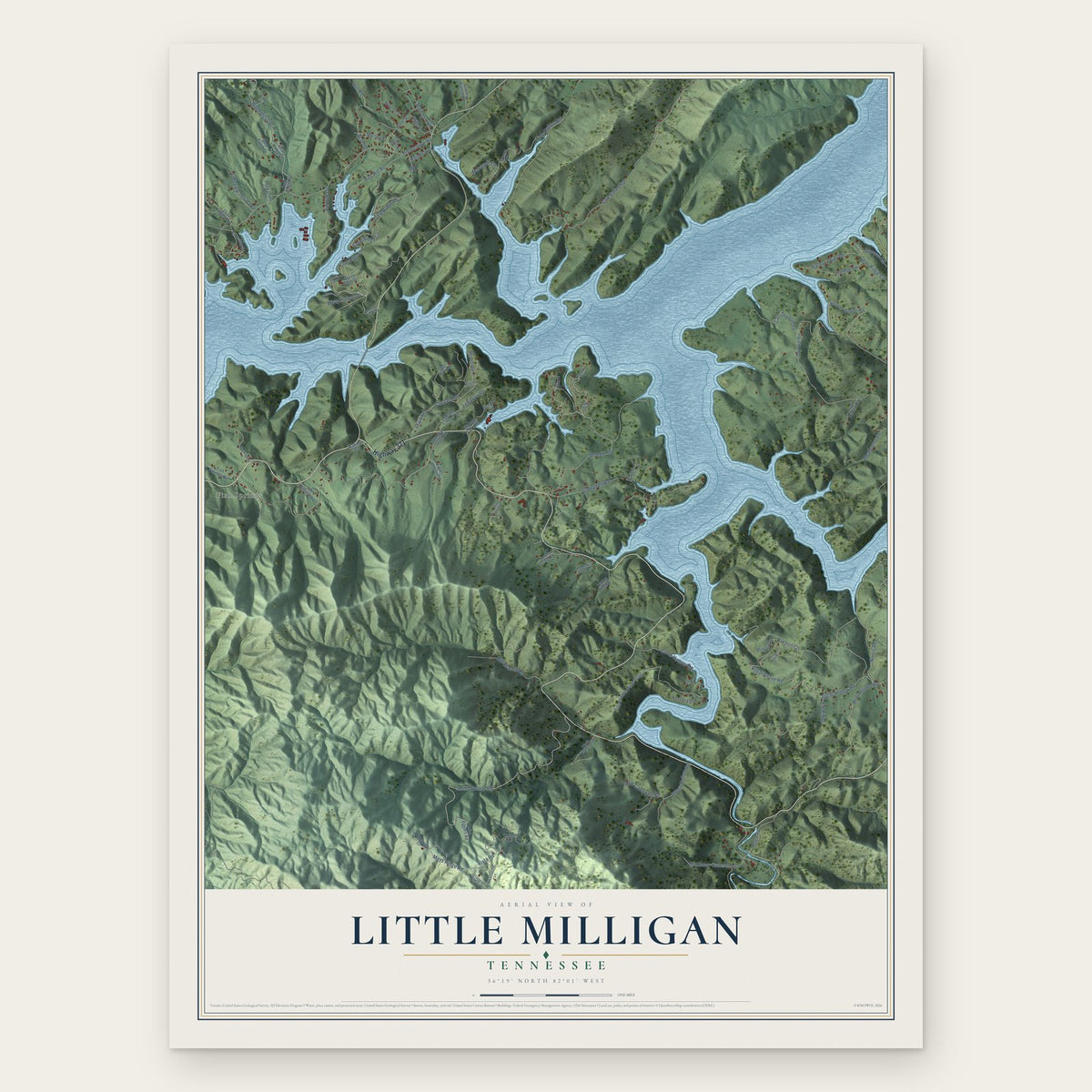 Little Milligan, Tennessee map print, the full design