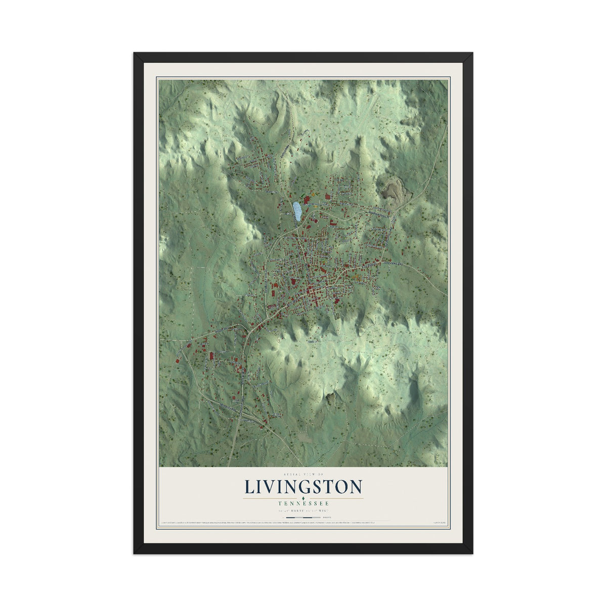 Map of Livingston, Tennessee, 12 x 18 inch print in a black wood frame