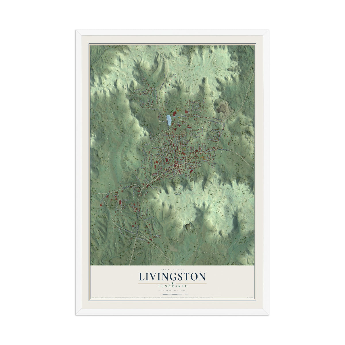 Map of Livingston, Tennessee, 12 x 18 inch print in a white wood frame