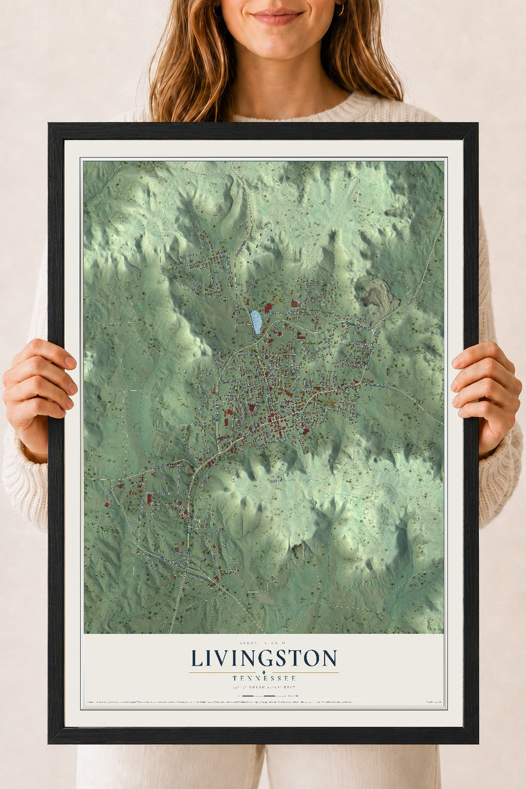 Map of Livingston, Tennessee, 18 x 24 inch print in a black wood frame