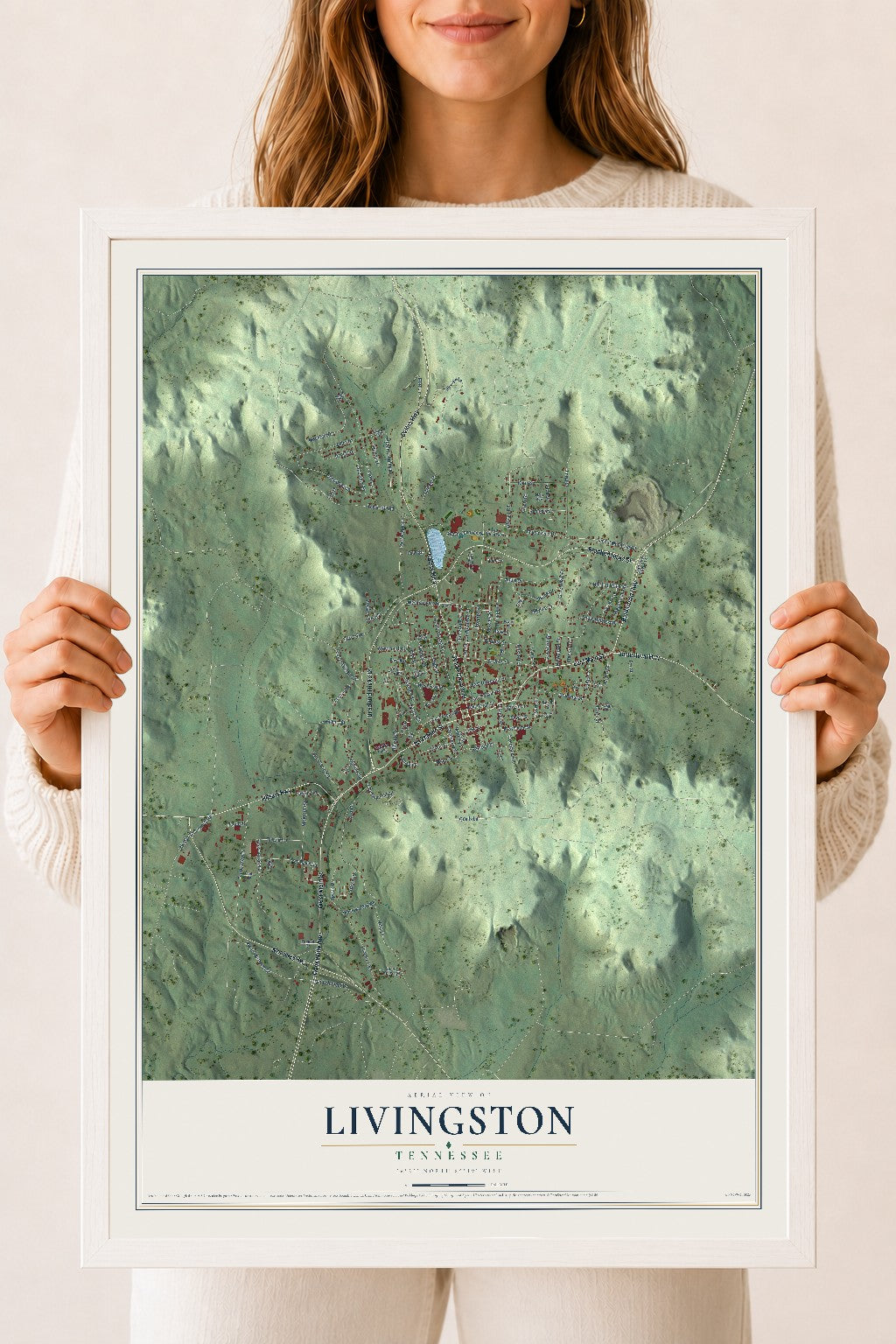 Map of Livingston, Tennessee, 18 x 24 inch print in a white wood frame