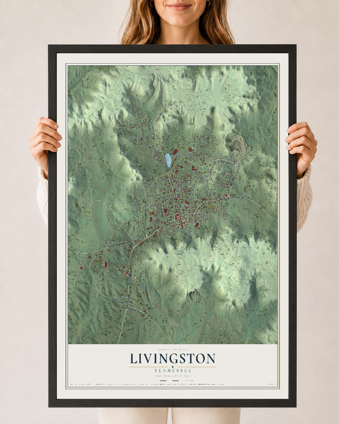 Map of Livingston, Tennessee, 24 x 36 inch print in a black wood frame