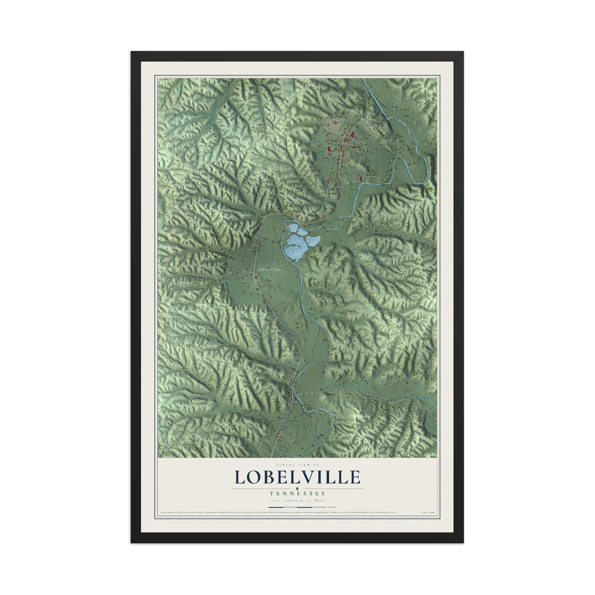 Map of Lobelville, Tennessee, 12 x 18 inch print in a black wood frame