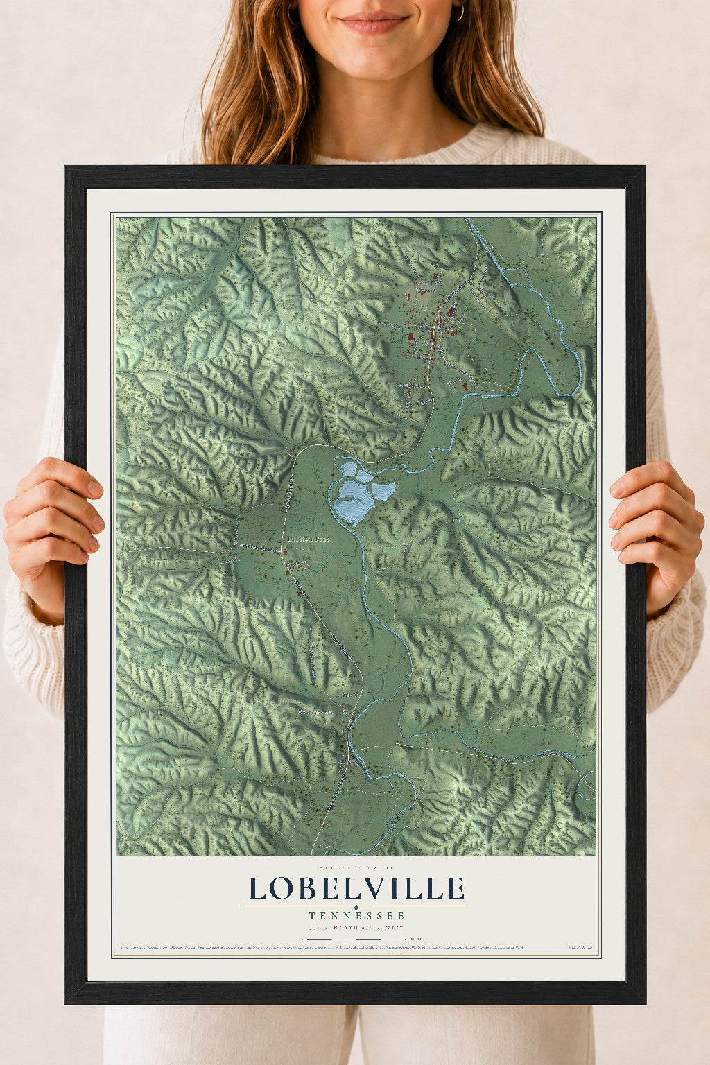 Map of Lobelville, Tennessee, 18 x 24 inch print in a black wood frame