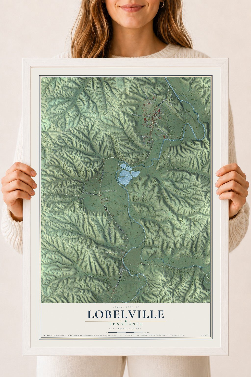 Map of Lobelville, Tennessee, 18 x 24 inch print in a white wood frame