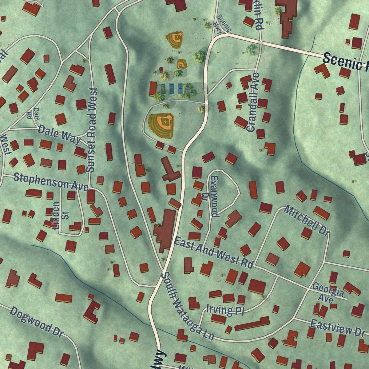 Second close-up of the map of Lookout Mountain, Tennessee print showing more streets and buildings