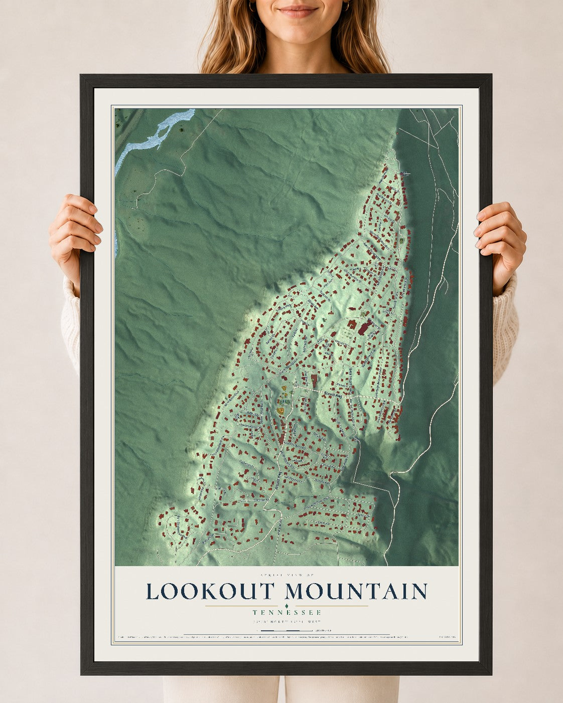Map of Lookout Mountain, Tennessee, 24 x 36 inch print in a black wood frame