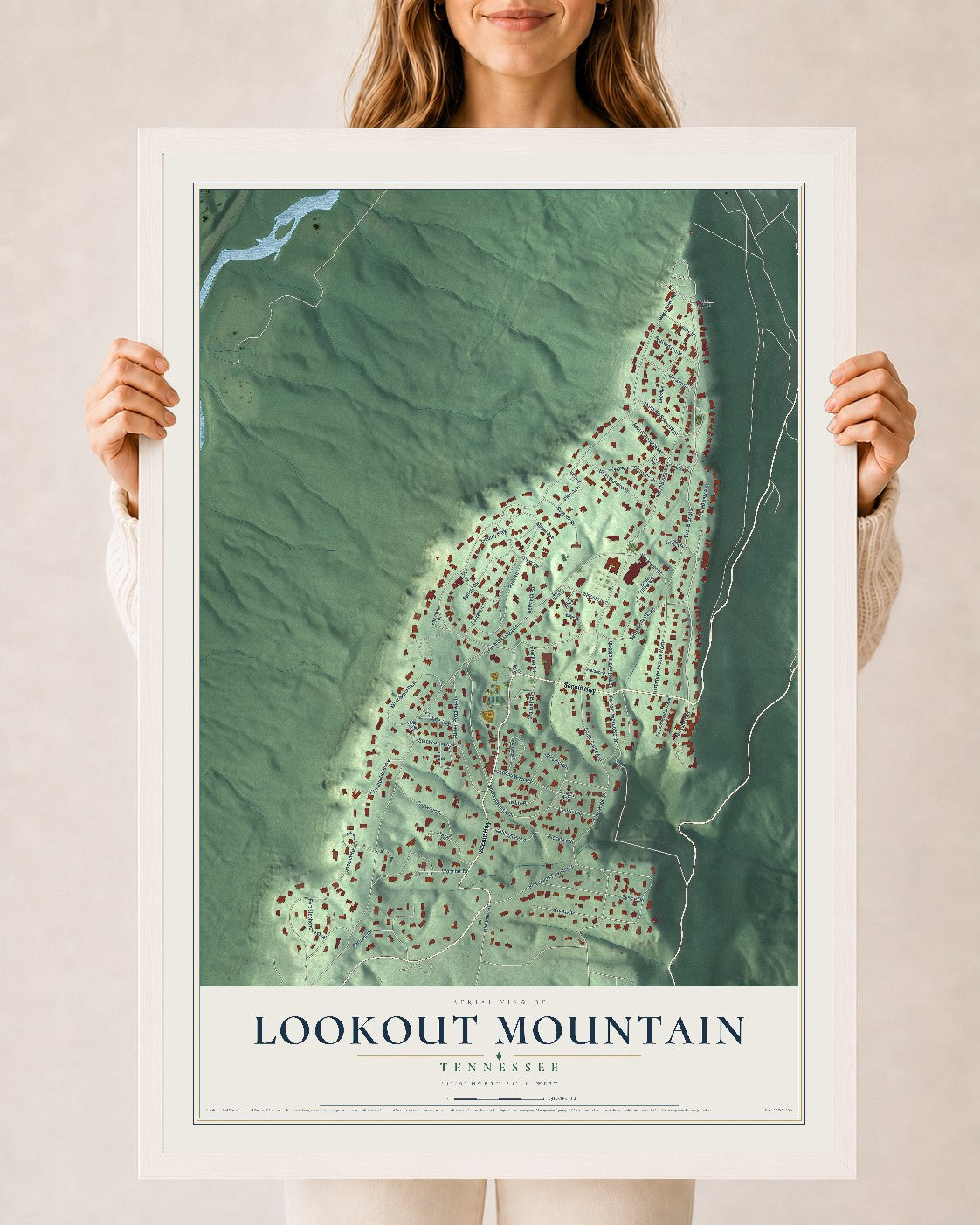 Map of Lookout Mountain, Tennessee, 24 x 36 inch print in a white wood frame