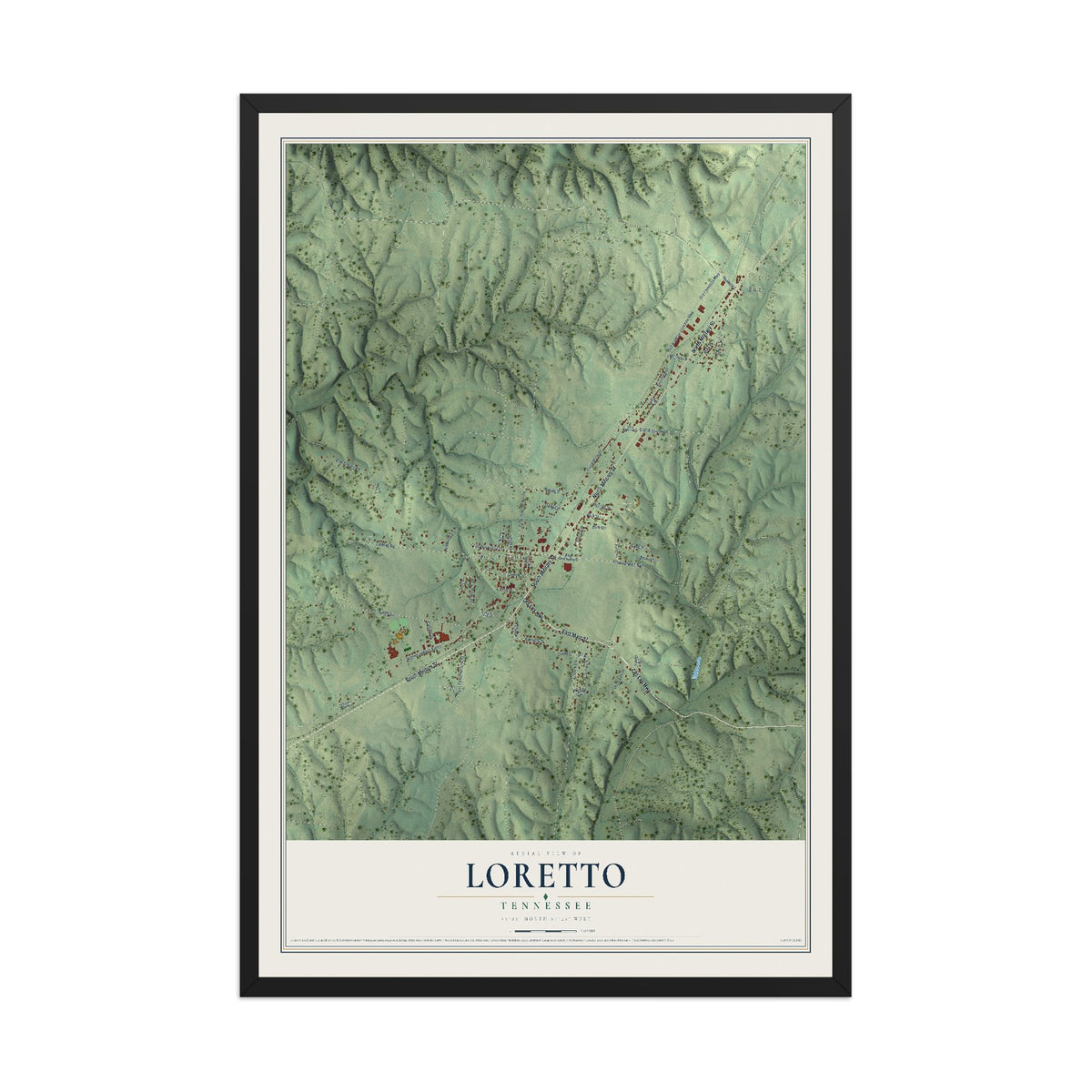 Map of Loretto, Tennessee, 12 x 18 inch print in a black wood frame