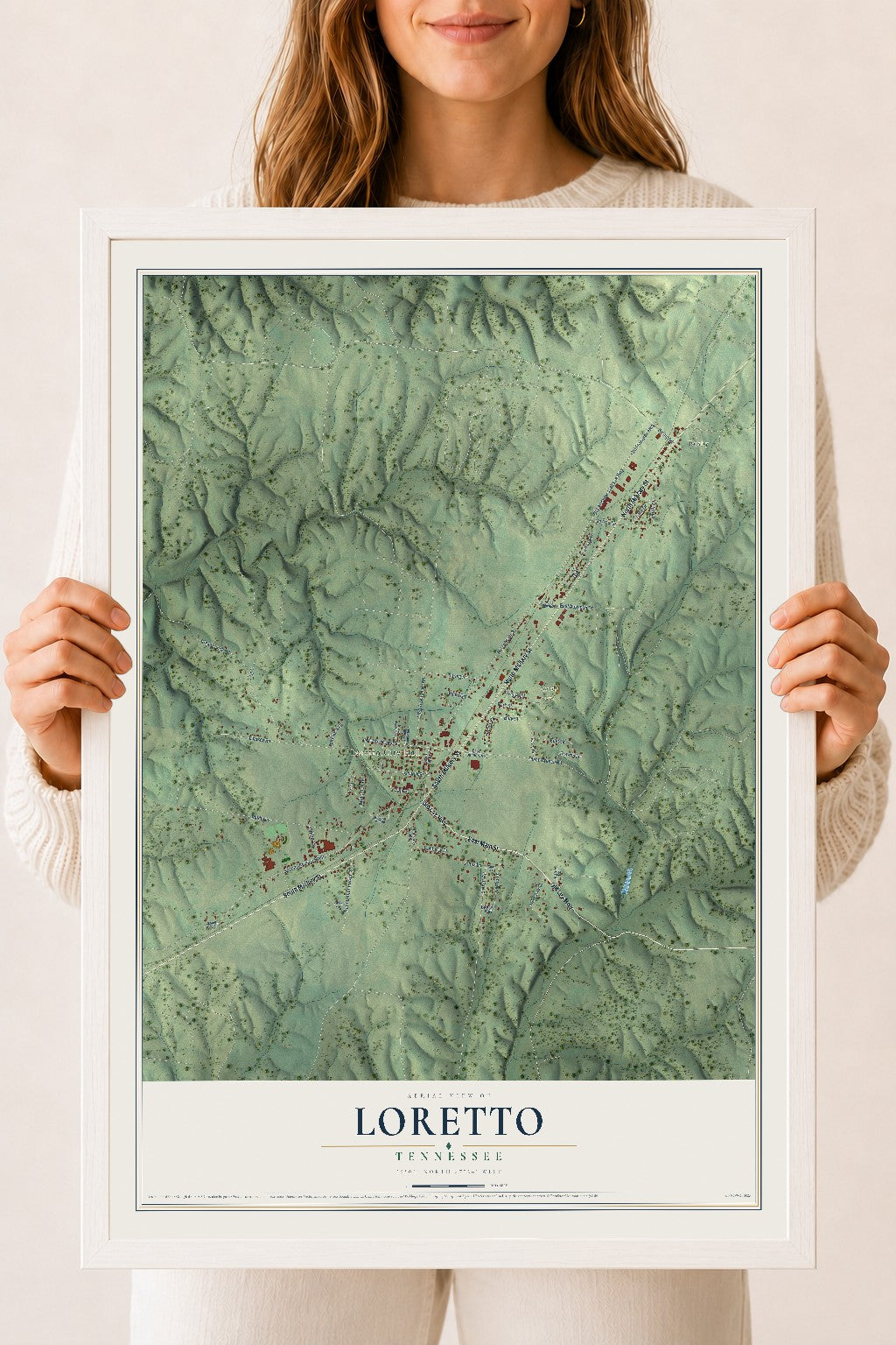 Map of Loretto, Tennessee, 18 x 24 inch print in a white wood frame