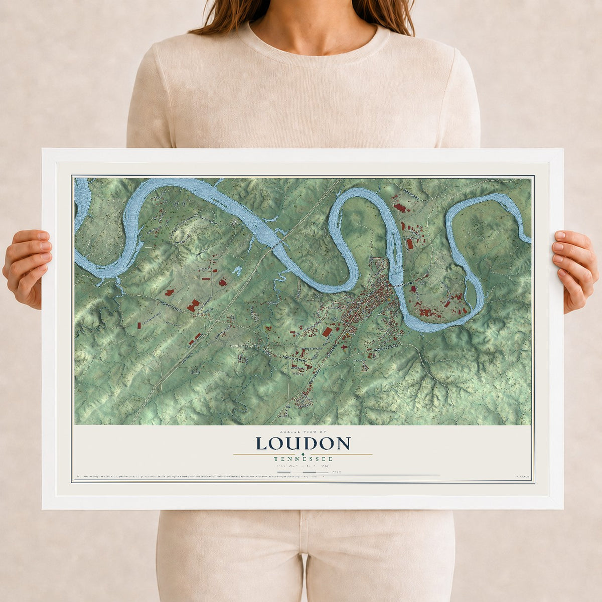 Map of Loudon, Tennessee, 12 x 18 inch print in a white wood frame
