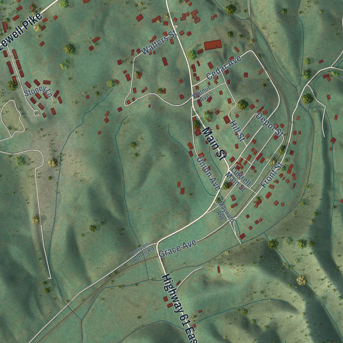 Close-up of the map of Luttrell, Tennessee print showing street and building detail