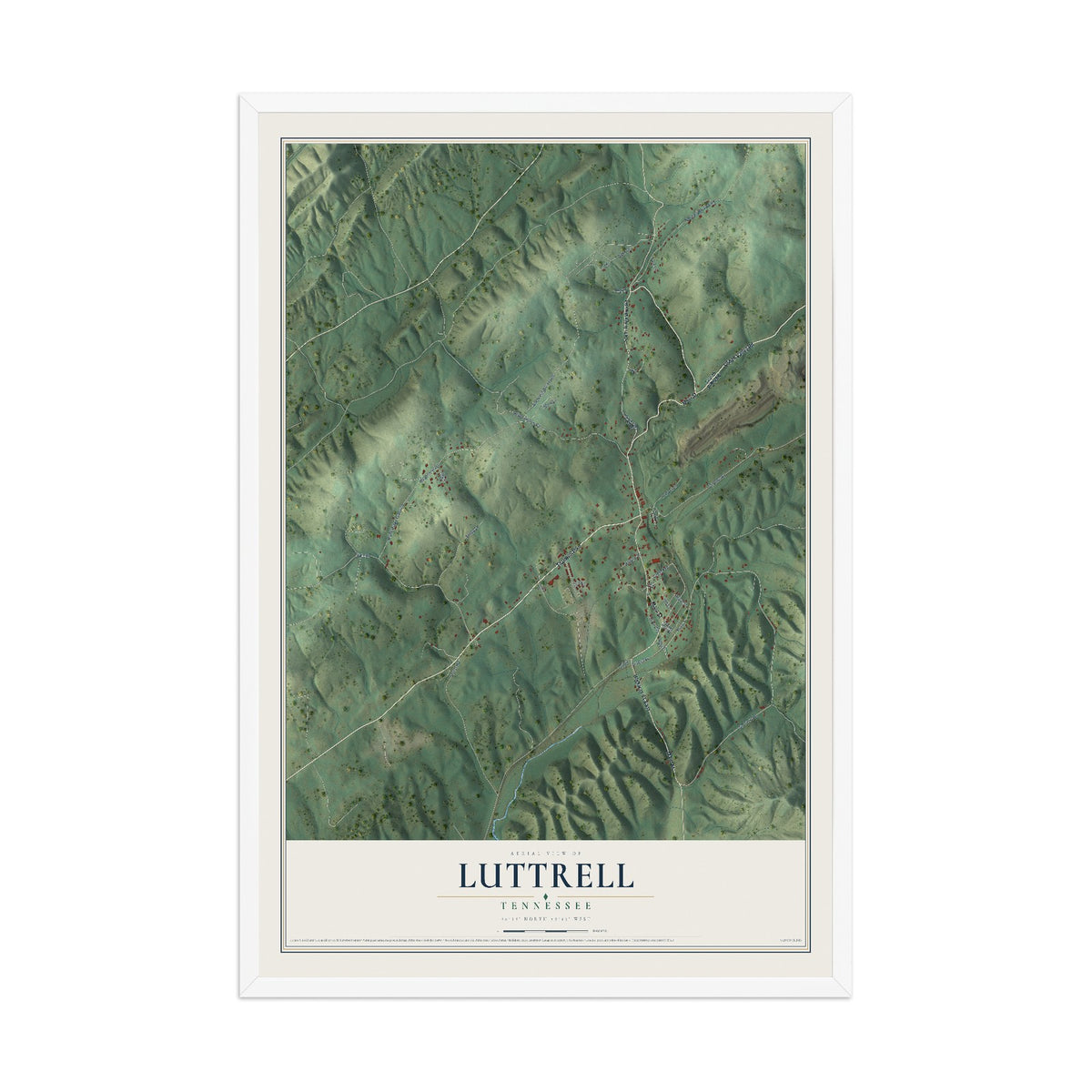 Map of Luttrell, Tennessee, 12 x 18 inch print in a white wood frame