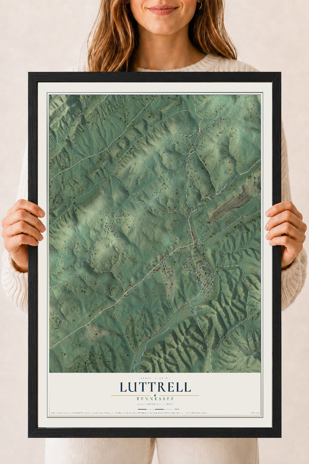 Map of Luttrell, Tennessee, 18 x 24 inch print in a black wood frame