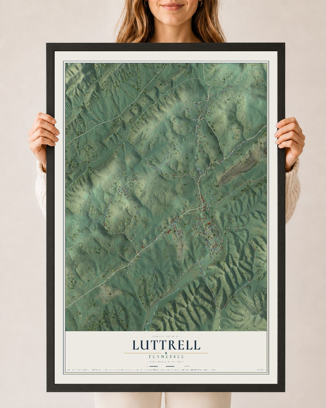 Map of Luttrell, Tennessee, 24 x 36 inch print in a black wood frame