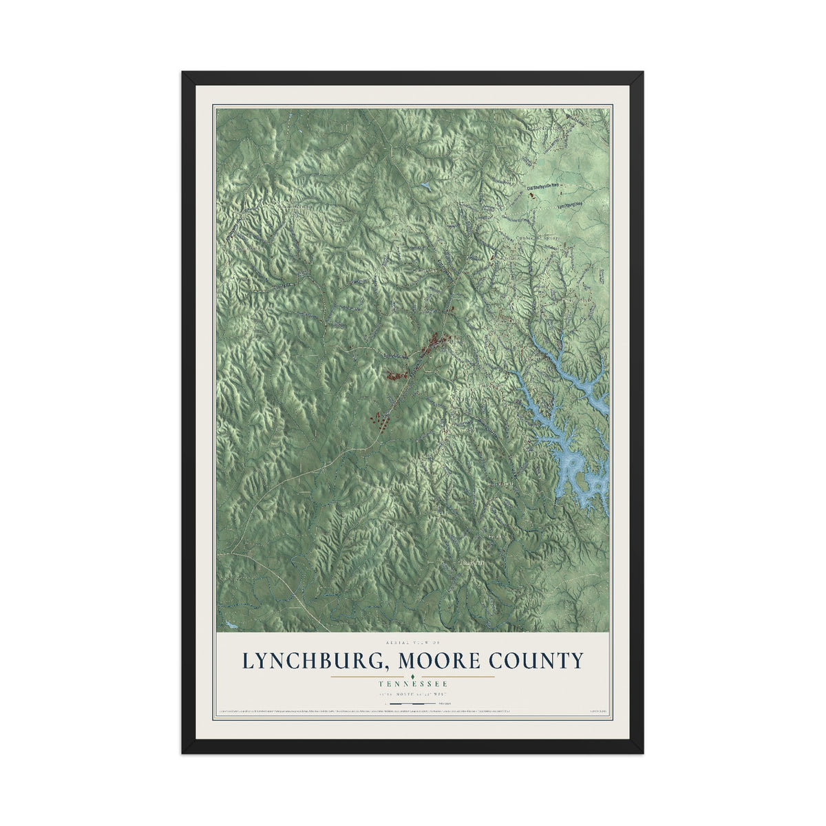 Map of Lynchburg, Moore County, Tennessee, 12 x 18 inch print in a black wood frame