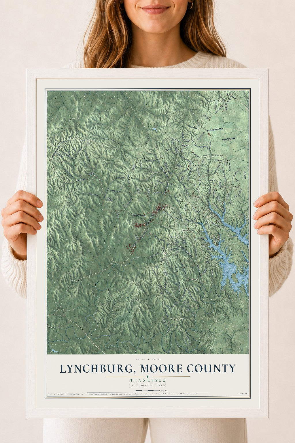 Map of Lynchburg, Moore County, Tennessee, 18 x 24 inch print in a white wood frame