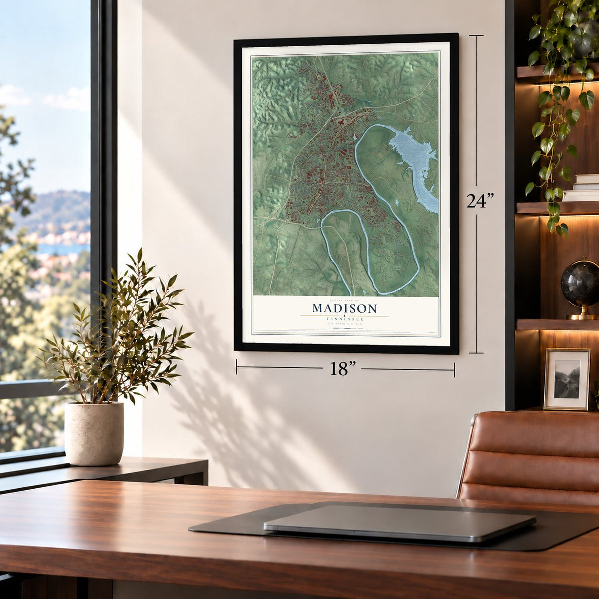 Madison, Tennessee map, 18 x 24 inch print in a black frame in a home office