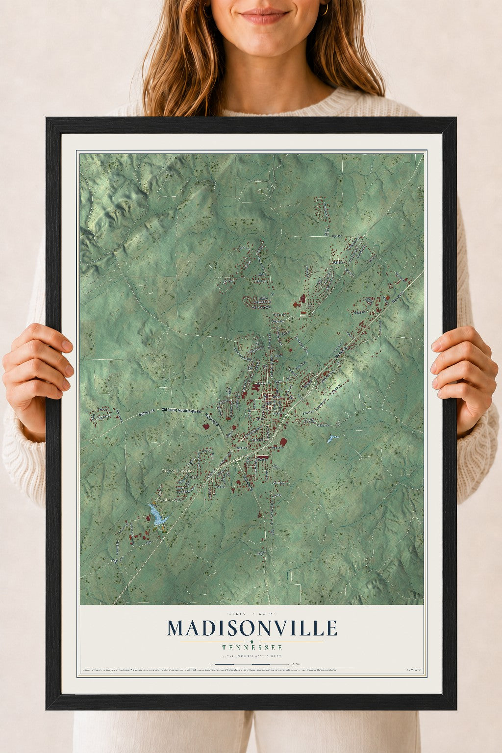 Map of Madisonville, Tennessee, 18 x 24 inch print in a black wood frame