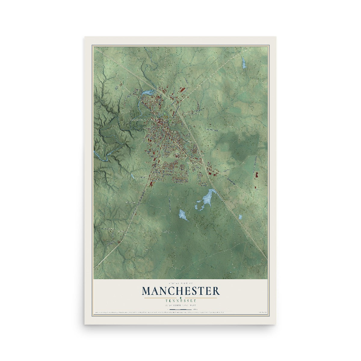 Map of Manchester, Tennessee, 12 x 18 inch unframed archival matte print