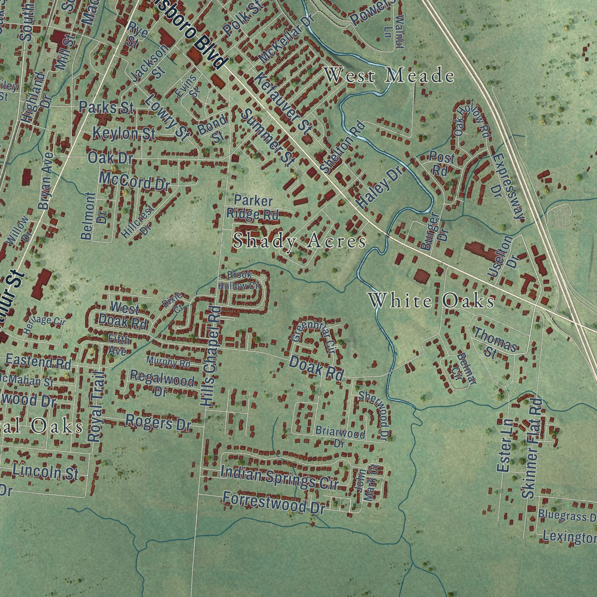 Close-up of the map of Manchester, Tennessee print showing street and building detail