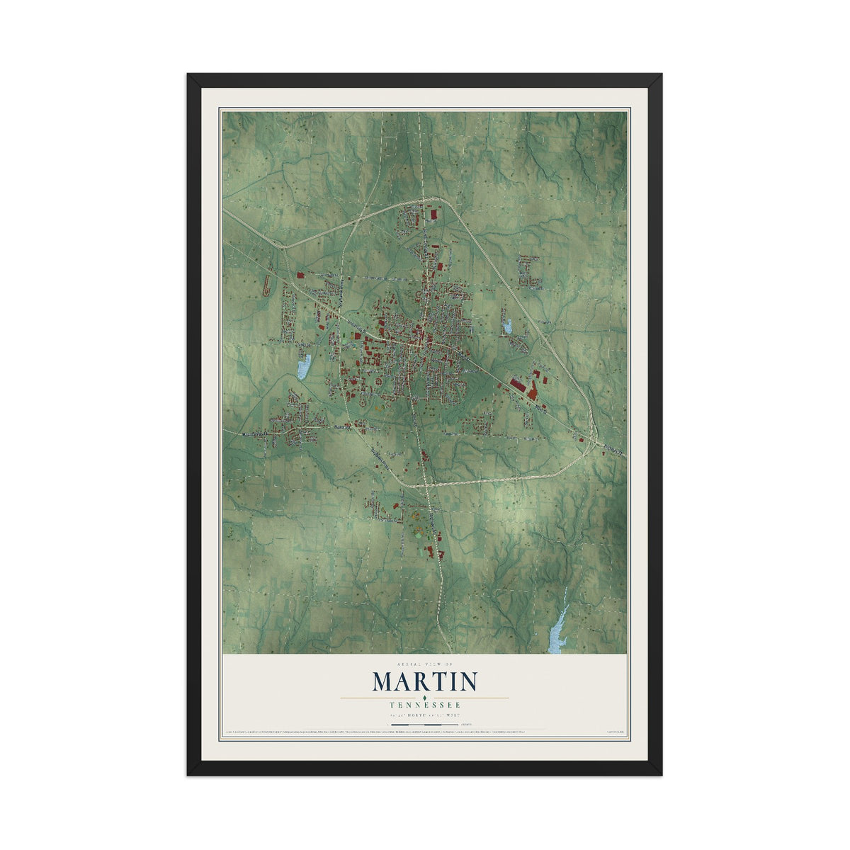 Map of Martin, Tennessee, 12 x 18 inch print in a black wood frame