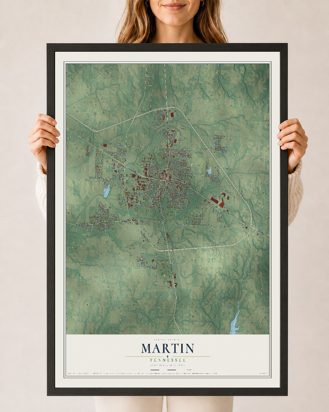 Map of Martin, Tennessee, 24 x 36 inch print in a black wood frame