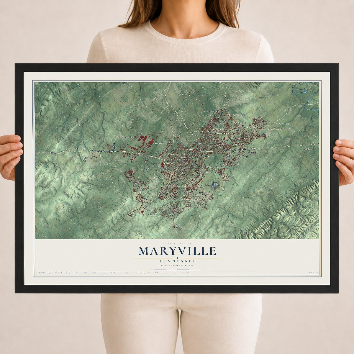 Map of Maryville, Tennessee, 18 x 24 inch print in a black wood frame