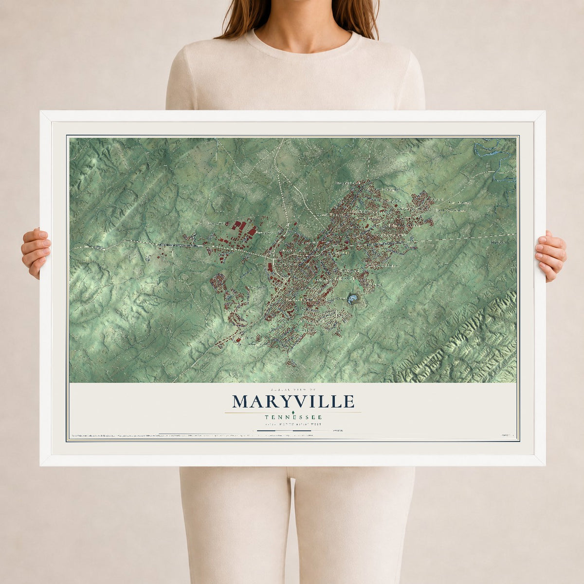 Map of Maryville, Tennessee, 24 x 36 inch print in a white wood frame